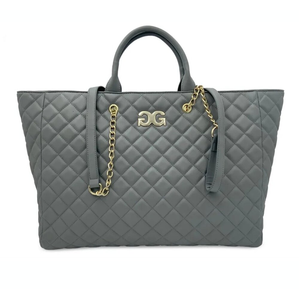 Gilda Paris Large Quilted Tote Bag Grey Vegan Leather and Gold Accents